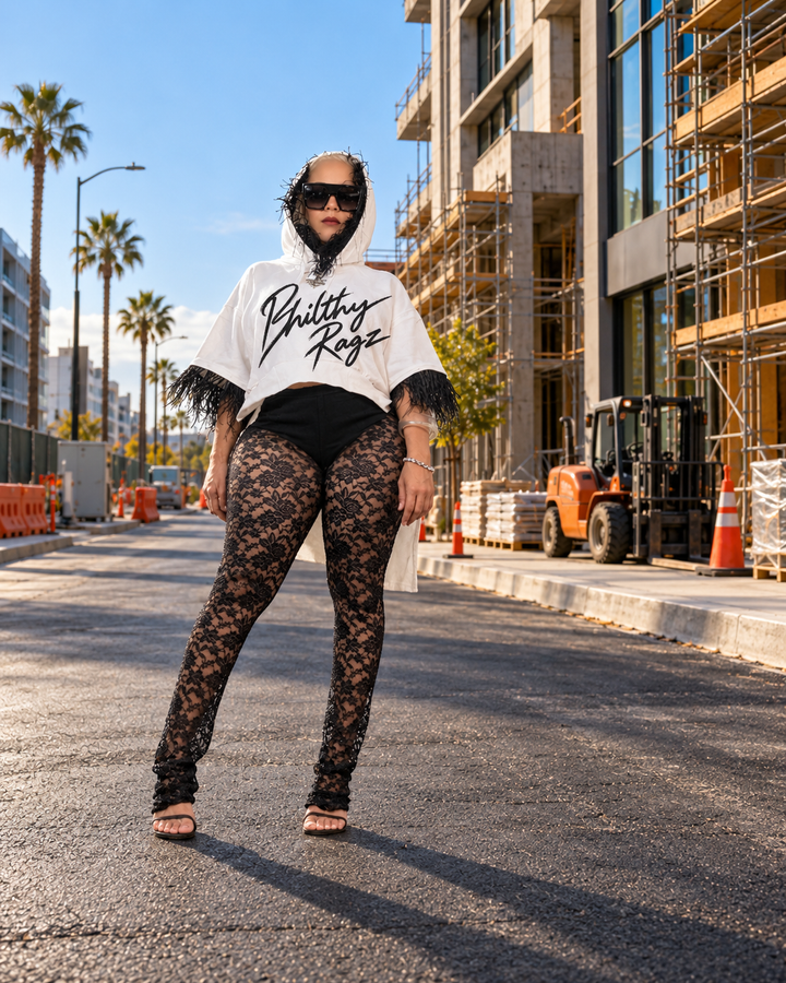 FEELING MYSELF - Feather-Trim High-Low Sweatshirt