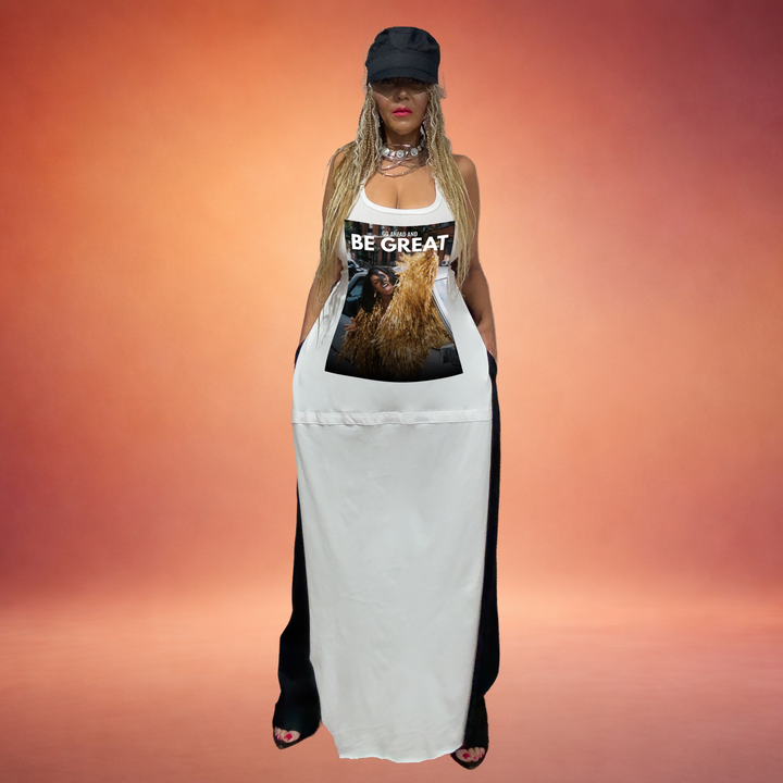 BE GREAT RECONSTRUCTED MAXI GRAPHIC TEE WITH DRAWSTRING BACKING