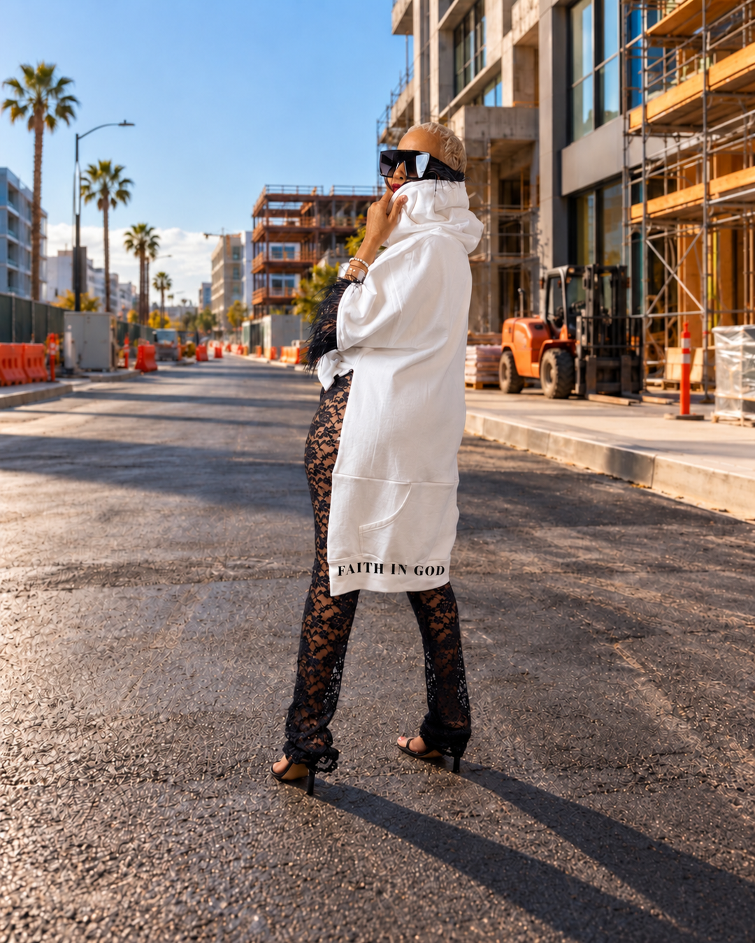 FEELING MYSELF - Feather-Trim High-Low Sweatshirt