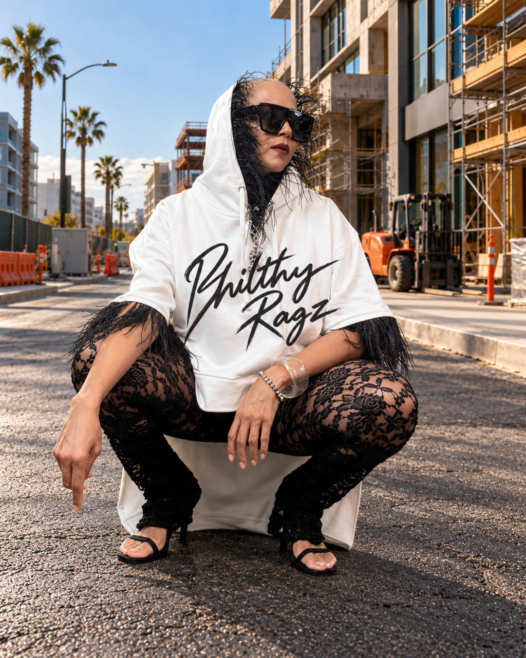 FEELING MYSELF - Feather-Trim High-Low Sweatshirt