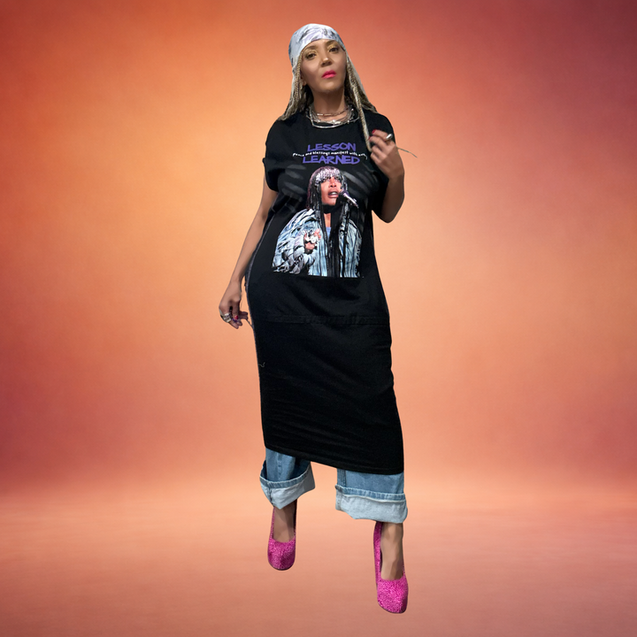 LESSON LEARNED RECONSTRUCTED GRAPHIC TEE WITH DRAPED BACKING