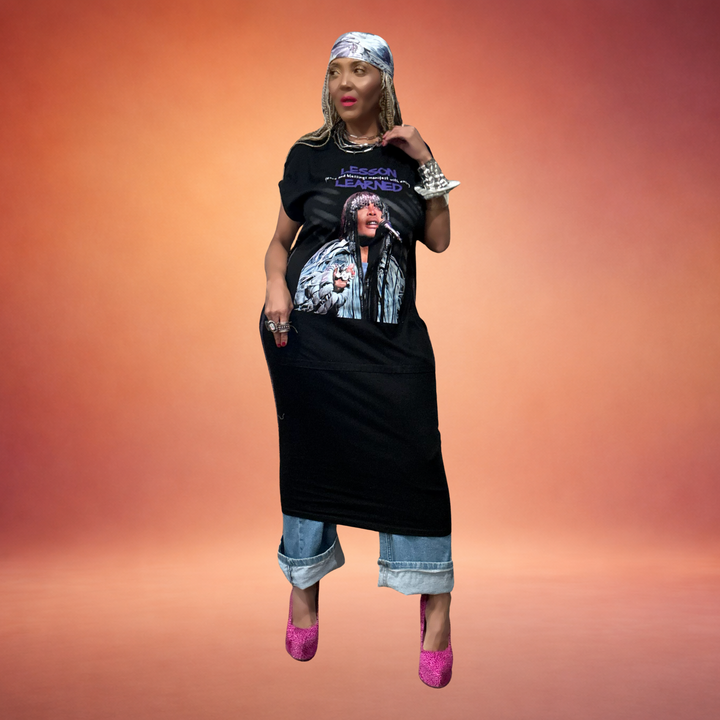 LESSON LEARNED RECONSTRUCTED GRAPHIC TEE WITH DRAPED BACKING