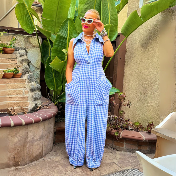 ODYSSEY BLUE GINGHAM PRINT JUMPSUIT