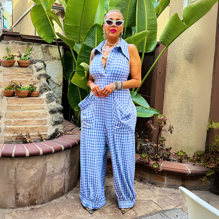 ODYSSEY BLUE GINGHAM PRINT JUMPSUIT