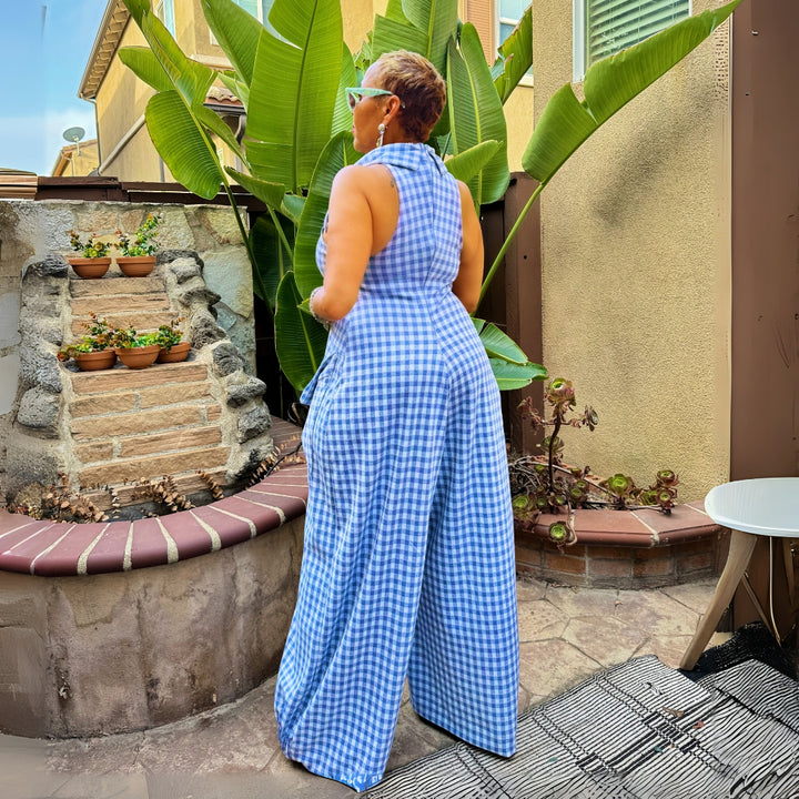 ODYSSEY BLUE GINGHAM PRINT JUMPSUIT